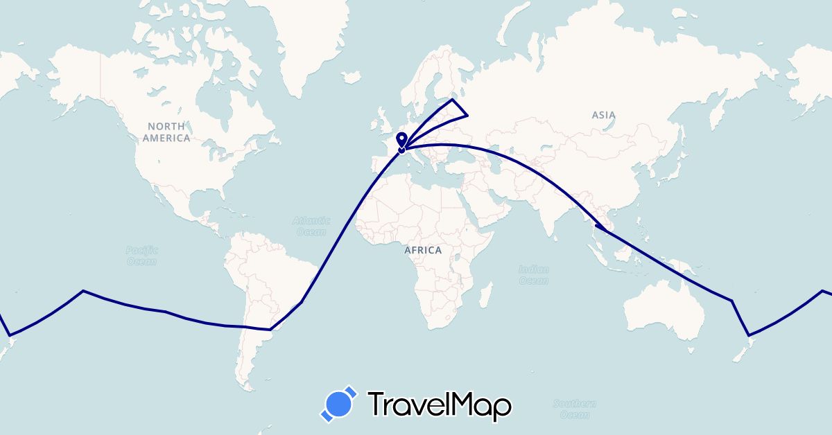TravelMap itinerary: driving in Argentina, Brazil, Chile, France, Cambodia, New Caledonia, New Zealand, French Polynesia, Russia, Thailand (Asia, Europe, Oceania, South America)